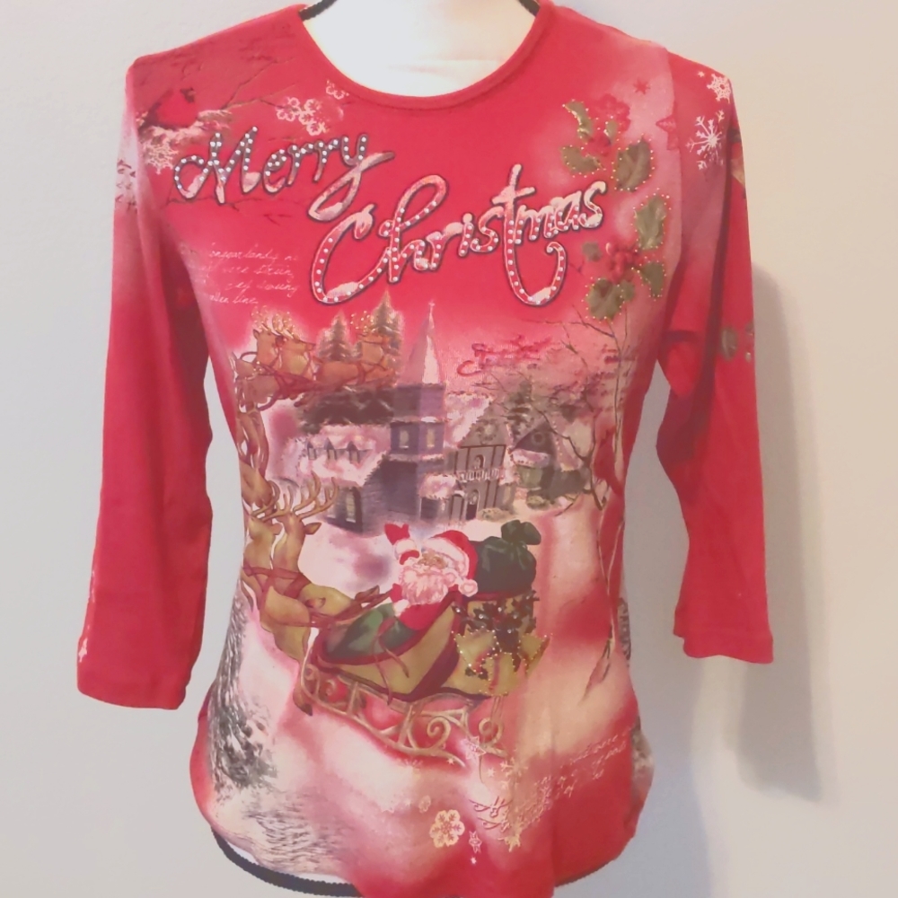 Christmas 3/4 sleeve antique print t-shirt.